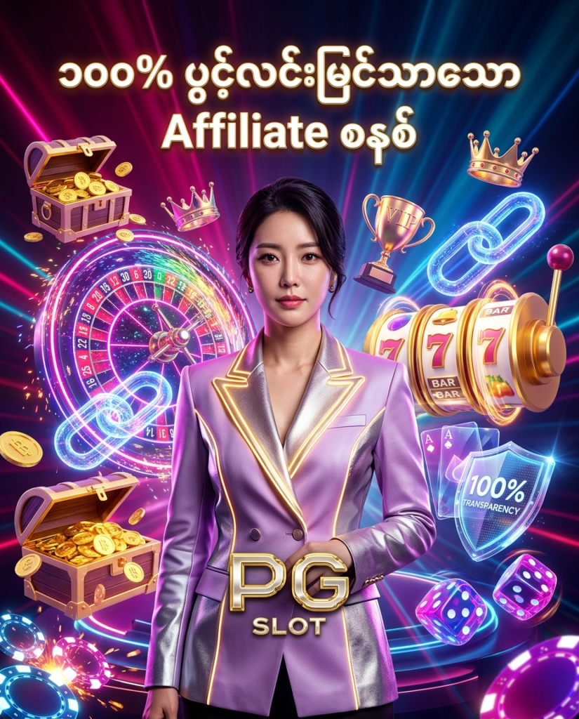 ဒီပုံမှာ PG Slot နှင့် Pocket Games Soft တို့၏ ၁၀၀% ပွင့်လင်းမြင်သာသော အွန်လိုင်း Affiliate ရည်ညွှန်းစနစ်နှင့် သတင်းအချက်အလက်များကို ပိုမိုဆွဲဆောင်မှုရှိစေရန် နီယွန် ရူးလက်ဘီးများ၊ စလော့စက်ရုပ်များ၊ ပွင့်ထွက်နေသော ရွှေရင်သေတ္တာများ၊ ထိုင်းဘတ် ရွှေဒင်္ဂါးပြားများနှင့် ကာစီနို ပစ္စည်းကိရိယာများစွာ ပါဝင်သည့် ခေတ်မီဆန်းသစ်သော နောက်ခံဒီဇိုင်း၊ လှပသော ကိုရီးယား အမျိုးသမီး မော်ဒယ်တစ်ဦး နှင့်အတူ ပုံဖော်ထားပြီး မြန်မာ ကစားသမားများ စိတ်ချယုံကြည်စွာ လေ့လာ ရွေးချယ်နိုင်ရန် ဖန်တီးထားသည့် ကြော်ငြာဓာတ်ပုံ ဖြစ်ပါသည်။