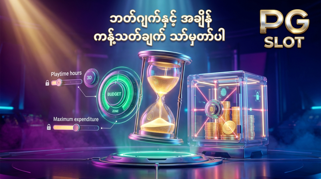 ဒီပုံမှာ PG Slot ဝဘ်ဆိုက်တွင် ကစားသူများအနေဖြင့် အသုံးစရိတ်နှင့် အချိန်ကန့်သတ်ချက်များကို ကြိုတင်သတ်မှတ်၍ တာဝန်ယူမှုရှိစွာ ဆော့ကစားနိုင်ပုံကို ဒစ်ဂျစ်တယ် နာရီ၊ ရွှေဒင်္ဂါး လုံခြုံရေး သေတ္တာ၊ ဘတ်ဂျက် ထိန်းချုပ်ရေး ဒိုင်ခွက်များနှင့်အတူ ခေတ်မီဆန်းသစ်သော မီးရောင်စုံ နောက်ခံဒီဇိုင်းဖြင့် အသေးစိတ် ပုံဖော်ထားပြီး မြန်မာ ကစားသမားများ စနစ်တကျ ထိန်းချုပ် ဆော့ကစားနိုင်ရန် ဖန်တီးထားသည့် ကြော်ငြာဓာတ်ပုံ ဖြစ်ပါသည်။

