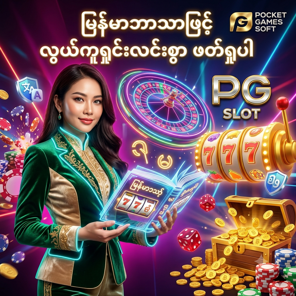 ဒီပုံမှာ PG Slot ပလက်ဖောင်း၏ မြန်မာဘာသာဖြင့် ဖတ်ရှုနားလည်ရ လွယ်ကူသော သတင်းအချက်အလက်များနှင့် ဝန်ဆောင်မှုများကို မီးရောင်စုံ ခေတ်မီဆန်းသစ်သော ကာစီနို နောက်ခံ၊ မြန်မာစာ လင်းလက်သော သင်္ကေတများ၊ နီယွန် ရူးလက်ဘီး၊ စလော့စက်ရုပ်များ၊ ထိုင်းဘတ် ရွှေဒင်္ဂါးပြားများနှင့် လှပသော ဗီယက်နမ် အမျိုးသမီး မော်ဒယ်တစ်ဦး နှင့်အတူ အသေးစိတ် ပုံဖော်ထားပြီး မြန်မာ ကစားသမားများ လွယ်ကူ ရှင်းလင်းစွာ စတင်လေ့လာ ဖတ်ရှုနိုင်ရန် ဖန်တီးထားသည့် ကြော်ငြာဓာတ်ပုံ ဖြစ်ပါသည်။

