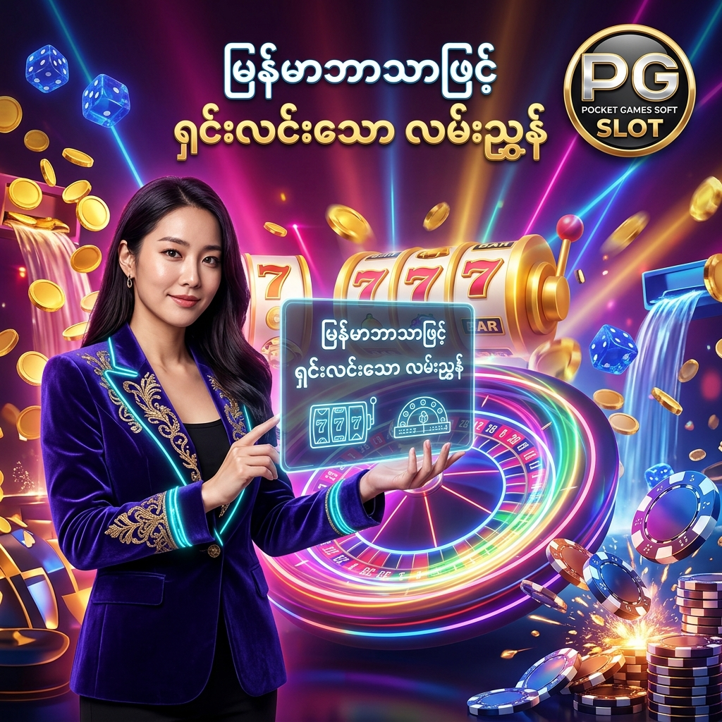 ဒီပုံမှာ PG Slot အွန်လိုင်းစလော့ ပလက်ဖောင်း၏ အခြေခံ အကြောင်းအရာများနှင့် အသုံးပြုနည်းများကို မြန်မာဘာသာဖြင့် ရှင်းလင်းစွာ ဖတ်ရှုလေ့လာနိုင်ပုံကို မီးရောင်စုံ ခေတ်မီဆန်းသစ်သော ကာစီနို နောက်ခံ၊ မြန်မာစာ သင်္ကေတများ၊ နီယွန် ရူးလက်ဘီး၊ စလော့စက်ရုပ်များ၊ ဒစ်ဂျစ်တယ် လမ်းညွှန် စာအုပ် သင်္ကေတများ၊ ထိုင်းဘတ် ရွှေဒင်္ဂါးပြားများနှင့် လှပသော ကိုရီးယား အမျိုးသမီး မော်ဒယ်တစ်ဦး နှင့်အတူ အသေးစိတ် ပုံဖော်ထားပြီး မြန်မာ ကစားသမားများ လွယ်ကူစွာ လေ့လာနိုင်ရန် ဖန်တီးထားသည့် ကြော်ငြာဓာတ်ပုံ ဖြစ်ပါသည်။

