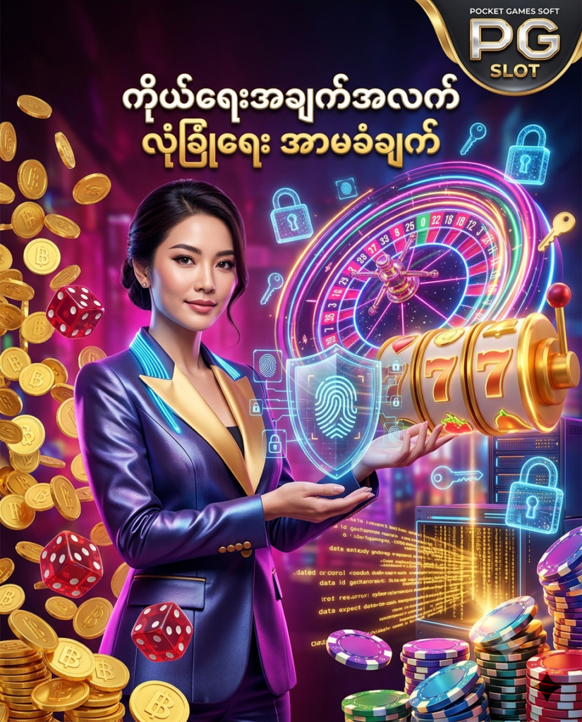 ဒီပုံမှာ PG Slot ပလက်ဖောင်း၏ ကိုယ်ရေးအချက်အလက် လုံခြုံရေးနှင့် ဒေတာ ကာကွယ်မှုဆိုင်ရာ အာမခံချက်များကို မီးရောင်စုံ ခေတ်မီဆန်းသစ်သော ကာစီနို နောက်ခံ၊ နီယွန် ရူးလက်ဘီး၊ စလော့စက်ရုပ်များ၊ ဒစ်ဂျစ်တယ် လုံခြုံရေး သော့ခတ်သင်္ကေတများ၊ ထိုင်းဘတ် ရွှေဒင်္ဂါးပြားများနှင့် လှပသော ဗီယက်နမ် အမျိုးသမီး မော်ဒယ်တစ်ဦး နှင့်အတူ အသေးစိတ် ပုံဖော်ထားပြီး မြန်မာ ကစားသမားများ စိတ်ချယုံကြည်စွာ မေးမြန်းစုံစမ်းနိုင်ရန် ဖန်တီးထားသည့် ကြော်ငြာဓာတ်ပုံ ဖြစ်ပါသည်။

