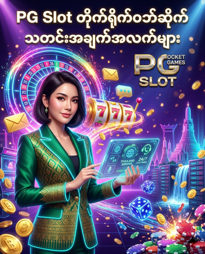 ဒီပုံမှာ PG Slot နှင့် ထိုင်းနိုင်ငံထုတ် တိုက်ရိုက်စလော့ဝဘ်ဆိုက်ဆိုင်ရာ အချက်အလက်များ၊ ဝဘ်ဆိုက်အကြောင်း မေးမြန်းရန် အွန်လိုင်းအကူအညီပေးရေး ဝန်ဆောင်မှုများကို ပိုမိုဆွဲဆောင်မှုရှိစေရန် နီယွန် ရူးလက်ဘီးများ၊ စလော့စက်ရုပ်များ၊ ထိုင်းဘတ် ရွှေဒင်္ဂါးပြားများ၊ အွန်လိုင်း ဆက်သွယ်ရေး သင်္ကေတများနှင့် ကာစီနို ပစ္စည်းကိရိယာများစွာ ပါဝင်သည့် ခေတ်မီဆန်းသစ်သော နောက်ခံဒီဇိုင်း၊ လှပသော ထိုင်းအမျိုးသမီး မော်ဒယ်တစ်ဦး နှင့်အတူ အသေးစိတ် ပုံဖော်ထားပြီး မြန်မာ ကစားသမားများ စိတ်ချယုံကြည်စွာ လေ့လာ ဆက်သွယ်နိုင်ရန် ဖန်တီးထားသည့် ကြော်ငြာဓာတ်ပုံ ဖြစ်ပါသည်။