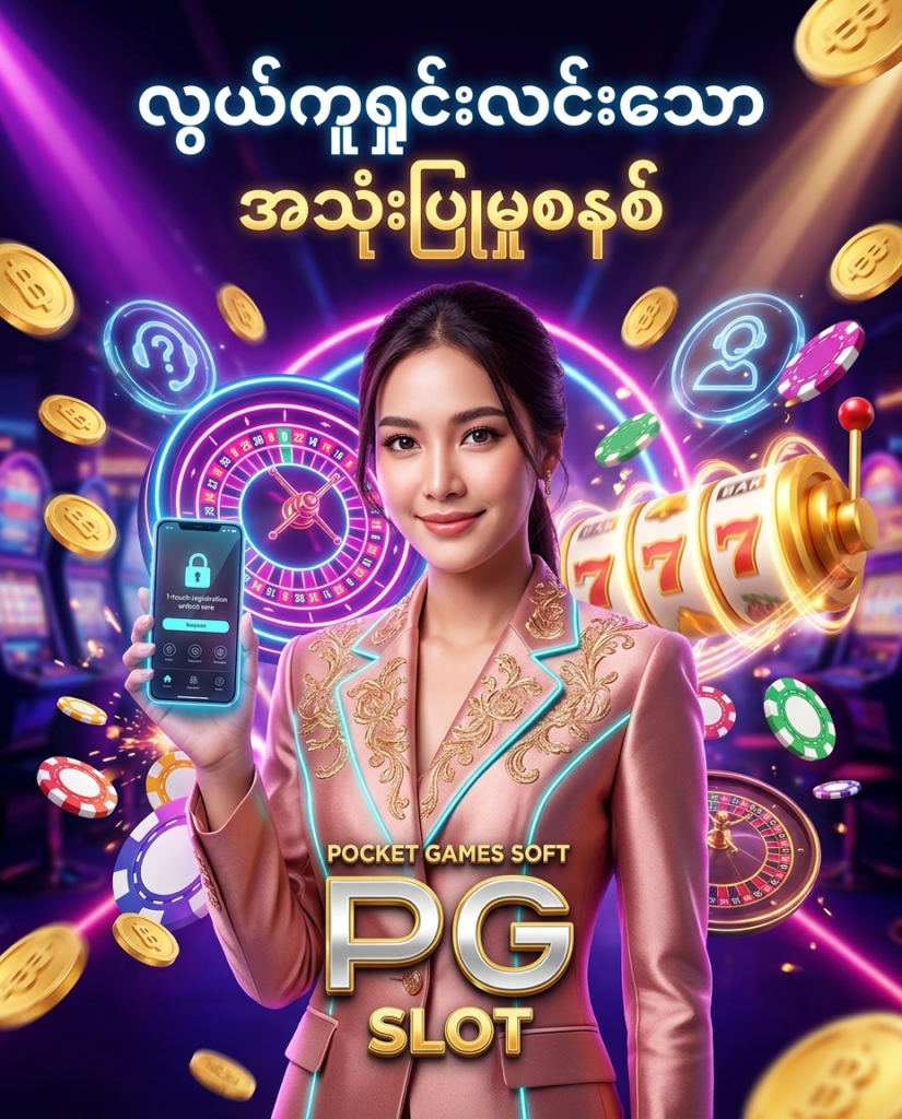 ဒီပုံမှာ PG Slot အွန်လိုင်းစလော့ ပလက်ဖောင်း၏ လွယ်ကူရှင်းလင်းသော မှတ်ပုံတင်ခြင်း၊ အကောင့်ဝင်ရောက်ခြင်းနှင့် ရိုးရှင်းသော အသုံးပြုမှုစနစ်များကို ပိုမိုဆွဲဆောင်မှုရှိစေရန် နီယွန် ရူးလက်ဘီး၊ စလော့စက်ရုပ်များ၊ ထိုင်းဘတ် ရွှေဒင်္ဂါးပြားများနှင့် ကာစီနို ပစ္စည်းကိရိယာများ ပါဝင်သည့် နောက်ခံဒီဇိုင်း၊ လှပသော ထိုင်းအမျိုးသမီး မော်ဒယ်တစ်ဦး နှင့်အတူ ဖန်တီးထားပြီး မြန်မာ ကစားသမားများ စိတ်ချယုံကြည်စွာ စတင်ဆော့ကစားနိုင်စေရန် ရိုက်ကူးထားသော ကြော်ငြာဓာတ်ပုံ ဖြစ်ပါသည်။