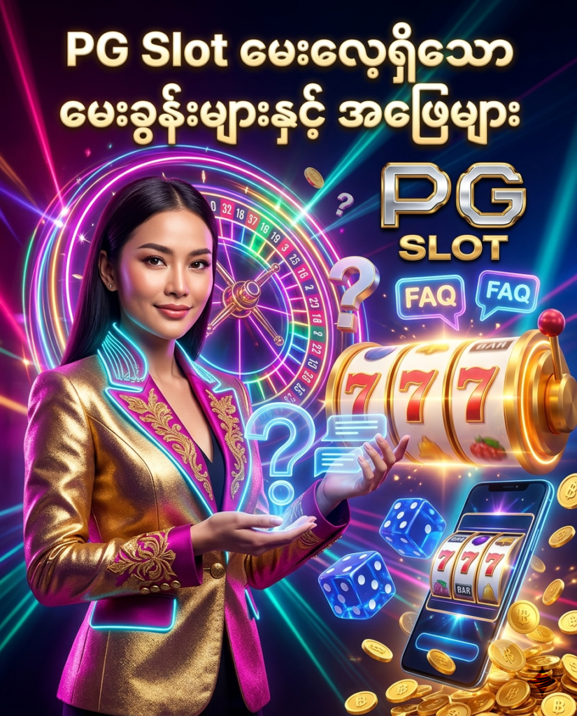 ဒီပုံမှာ PG Slot အကောင့်ဖွင့်ခြင်း၊ Login ဝင်ခြင်း၊ မိုဘိုင်းအသုံးပြုမှုနှင့် ၂၄ နာရီ အွန်လိုင်းအကူအညီဆိုင်ရာ အမေးများသော မေးခွန်းများနှင့် အဖြေများကို တစ်နေရာတည်းတွင် လွယ်ကူမြန်ဆန်စွာ လေ့လာနိုင်ပုံကို မီးရောင်စုံ ခေတ်မီဆန်းသစ်သော ကာစီနို နောက်ခံ၊ မေးခွန်းသင်္ကေတများ၊ နီယွန် ရူးလက်ဘီး၊ စလော့စက်ရုပ်များ၊ ထိုင်းဘတ် ရွှေဒင်္ဂါးပြားများနှင့် လှပသော လာအို အမျိုးသမီး မော်ဒယ်တစ်ဦး နှင့်အတူ အသေးစိတ် ပုံဖော်ထားသည့် ကြော်ငြာဓာတ်ပုံ ဖြစ်ပါသည်။

