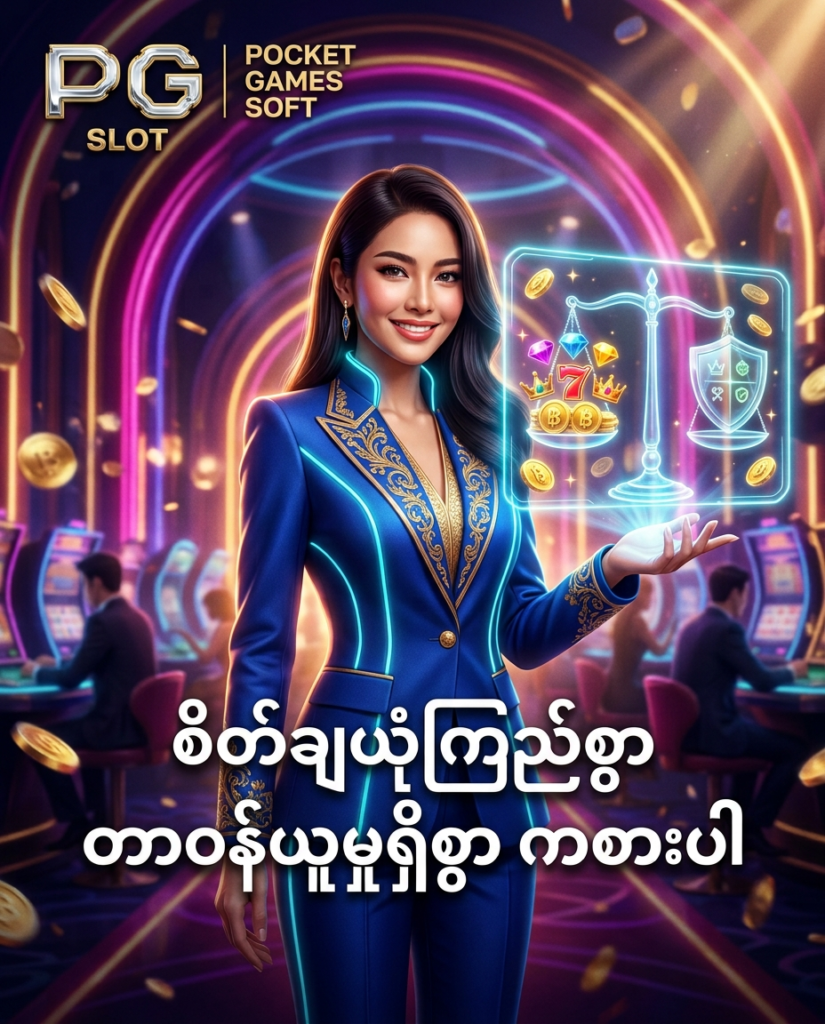 ဒီပုံမှာ PG Slot နှင့် Pocket Games Soft တို့၏ စိတ်ချယုံကြည်ရသော တာဝန်ယူမှုရှိသည့် အွန်လိုင်းစလော့ ကစားနည်း အတွေ့အကြုံကို မီးရောင်စုံ ခေတ်မီဆန်းသစ်သော ကာစီနို နောက်ခံဒီဇိုင်း၊ တောက်ပသော ထိုင်းဘတ် ရွှေဒင်္ဂါးပြားများ၊ အလှပဆုံး ထိုင်းအမျိုးသမီး မော်ဒယ်တစ်ဦး နှင့်အတူ သပ္ပါယ်စွာ ပုံဖော်ထားပြီး ကစားသမားများအနေဖြင့် စည်းကမ်းချက်များကို ပိုမိုရှင်းလင်းစွာ နားလည်၍ တာဝန်ယူမှုရှိစွာ စိတ်ချယုံကြည်စွာ ရွေးချယ်ဆော့ကစားနိုင်စေရန် ဖန်တီးထားသည့် ကြော်ငြာဓာတ်ပုံ ဖြစ်ပါသည်။