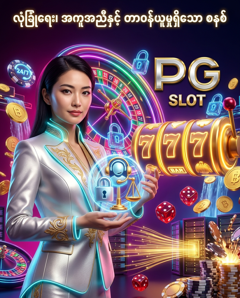 ဒီပုံမှာ PG Slot ပလက်ဖောင်း၏ လုံခြုံရေး၊ အွန်လိုင်းအကူအညီနှင့် တာဝန်ယူမှုရှိသော ကစားနည်း စနစ်များကို မီးရောင်စုံ ခေတ်မီဆန်းသစ်သော ကာစီနို နောက်ခံ၊ နီယွန် ရူးလက်ဘီး၊ စလော့စက်ရုပ်များ၊ လုံခြုံရေး သင်္ကေတများ၊ တာဝန်ယူမှုဆိုင်ရာ ချိန်ခွင် ရုပ်ပုံများ၊ ထိုင်းဘတ် ရွှေဒင်္ဂါးပြားများနှင့် လှပသော ဂျပန် အမျိုးသမီး မော်ဒယ်တစ်ဦး နှင့်အတူ အသေးစိတ် ပုံဖော်ထားပြီး မြန်မာ ကစားသမားများ စိတ်ချယုံကြည်စွာ သုံးစွဲနိုင်ရန် ဖန်တီးထားသည့် ကြော်ငြာဓာတ်ပုံ ဖြစ်ပါသည်။

