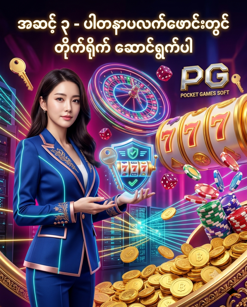 ဒီပုံမှာ PG Slot အွန်လိုင်းစလော့ ပလက်ဖောင်း၏ တတိယအဆင့်အနေဖြင့် ပြင်ပပါတနာ ပလက်ဖောင်းပေါ်တွင် တိုက်ရိုက် အကောင့်ဖွင့်ခြင်း၊ အကောင့်ဝင်ခြင်းနှင့် ငွေကြေး ဝန်ဆောင်မှုများကို လုံခြုံစွာ ဆောင်ရွက်နိုင်ပုံကို မီးရောင်စုံ ခေတ်မီဆန်းသစ်သော ကာစီနို နောက်ခံ၊ အဆင့် ၃ အကောင့်ဖွင့် သော့ချက် သင်္ကေတများ၊ နီယွန် ရူးလက်ဘီး၊ စလော့စက်ရုပ်များ၊ ထိုင်းဘတ် ရွှေဒင်္ဂါးပြားများနှင့် လှပသော ကိုရီးယား အမျိုးသမီး မော်ဒယ်တစ်ဦး နှင့်အတူ အသေးစိတ် ပုံဖော်ထားပြီး မြန်မာ ကစားသမားများ စိတ်ချယုံကြည်စွာ သုံးစွဲနိုင်ရန် ဖန်တီးထားသည့် ကြော်ငြာဓာတ်ပုံ ဖြစ်ပါသည်။

