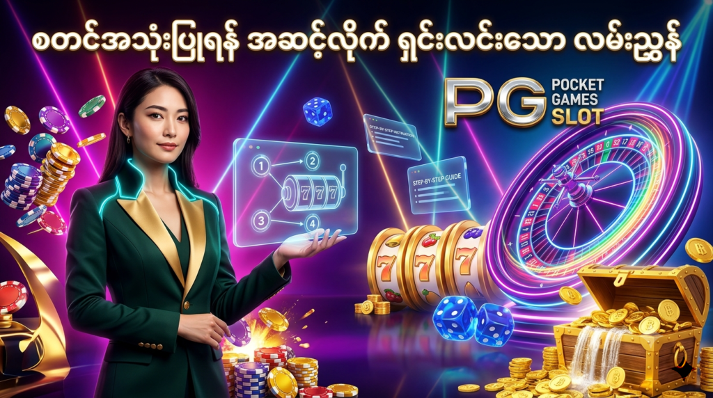 ဒီပုံမှာ PG Slot အွန်လိုင်းစလော့ ပလက်ဖောင်းတွင် စတင်အသုံးပြုနိုင်ရန် အဆင့်လိုက် ရှင်းလင်းသော လမ်းညွှန်ချက်များနှင့် လုပ်ဆောင်ချက်များကို မီးရောင်စုံ ခေတ်မီဆန်းသစ်သော ကာစီနို နောက်ခံ၊ အဆင့် ၁-၂-၃ သင်္ကေတများ၊ နီယွန် ရူးလက်ဘီး၊ စလော့စက်ရုပ်များ၊ ထိုင်းဘတ် ရွှေဒင်္ဂါးပြားများနှင့် လှပသော ဂျပန် အမျိုးသမီး မော်ဒယ်တစ်ဦး နှင့်အတူ အသေးစိတ် ပုံဖော်ထားပြီး မြန်မာ ကစားသမားများ စိတ်ချယုံကြည်စွာ အလွယ်တကူ စတင်ဆော့ကစားနိုင်စေရန် ဖန်တီးထားသည့် ကြော်ငြာဓာတ်ပုံ ဖြစ်ပါသည်။

